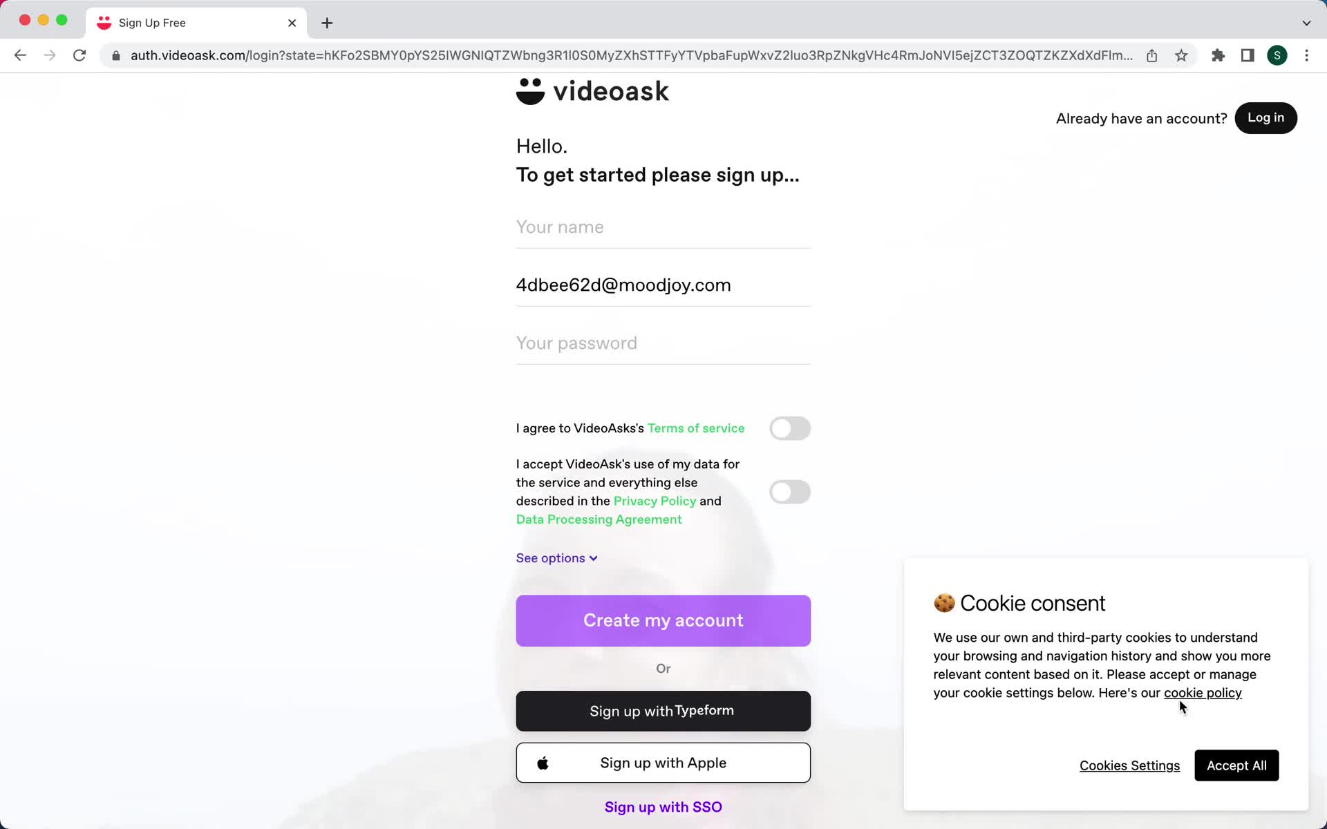 VideoAsk accept cookie policy screenshot