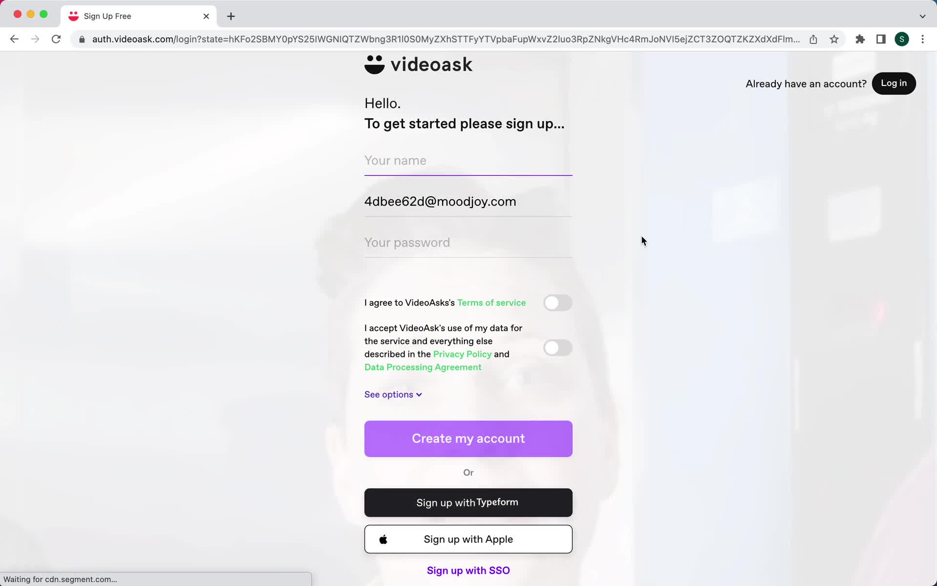 VideoAsk sign up screenshot