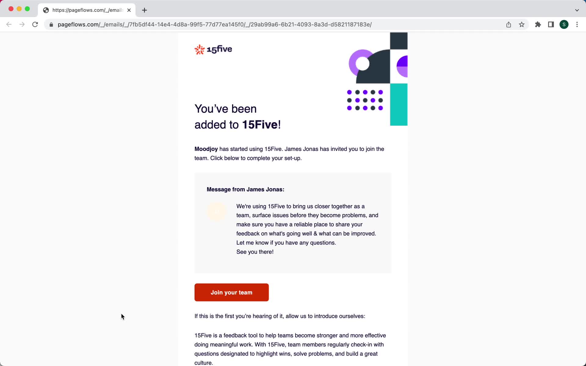 15Five invite email screenshot