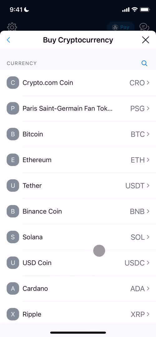 Crypto.com select currency screenshot