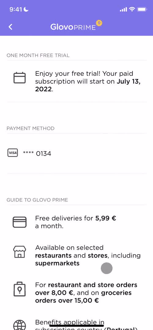 Glovo subscription details screenshot