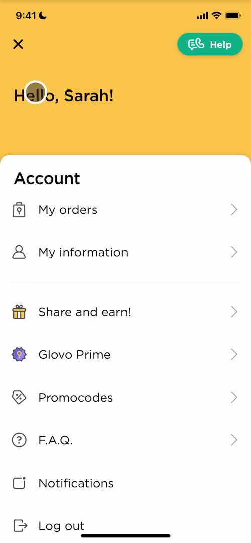 Glovo account menu screenshot