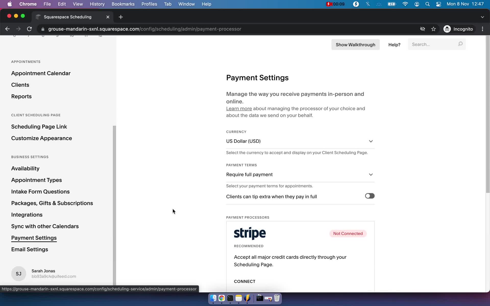 Squarespace Scheduling payment settings screenshot