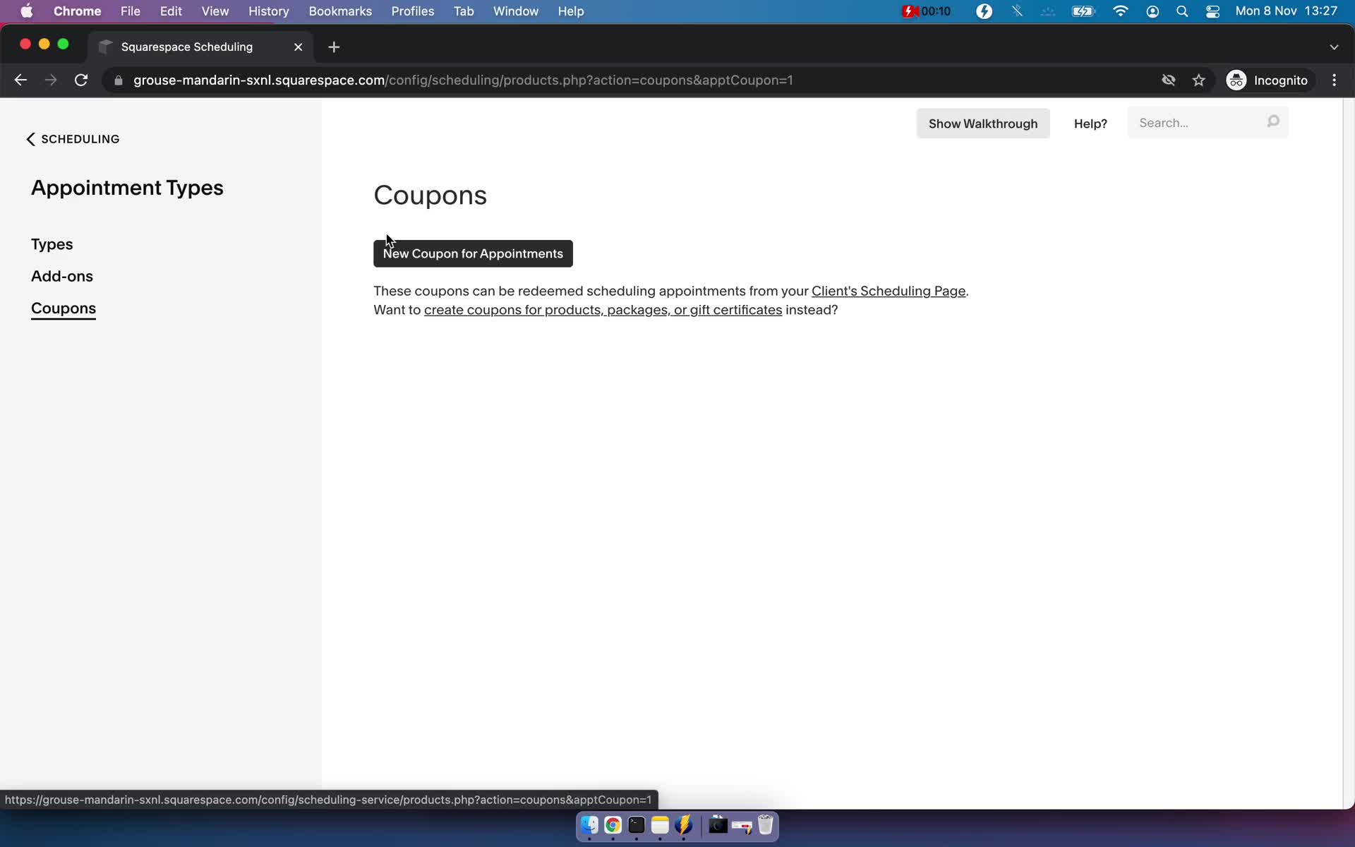 Squarespace Scheduling coupons screenshot