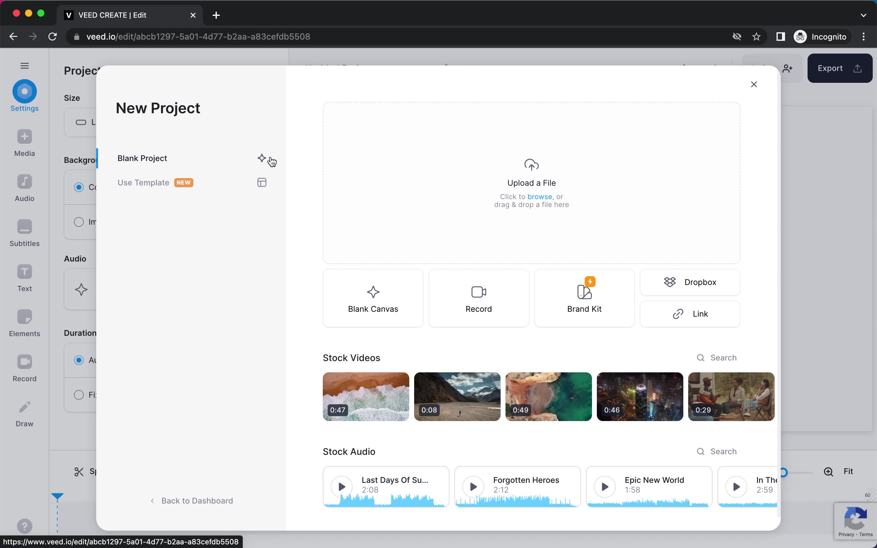 VEED.IO create project screenshot