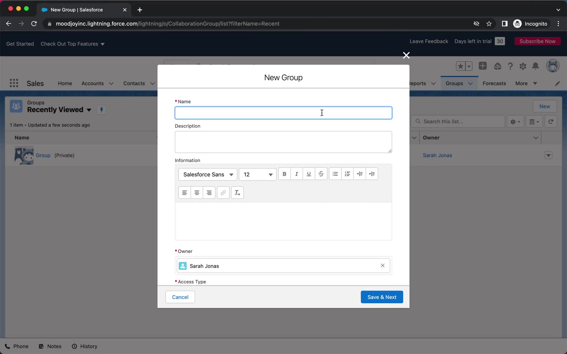 Salesforce create group screenshot