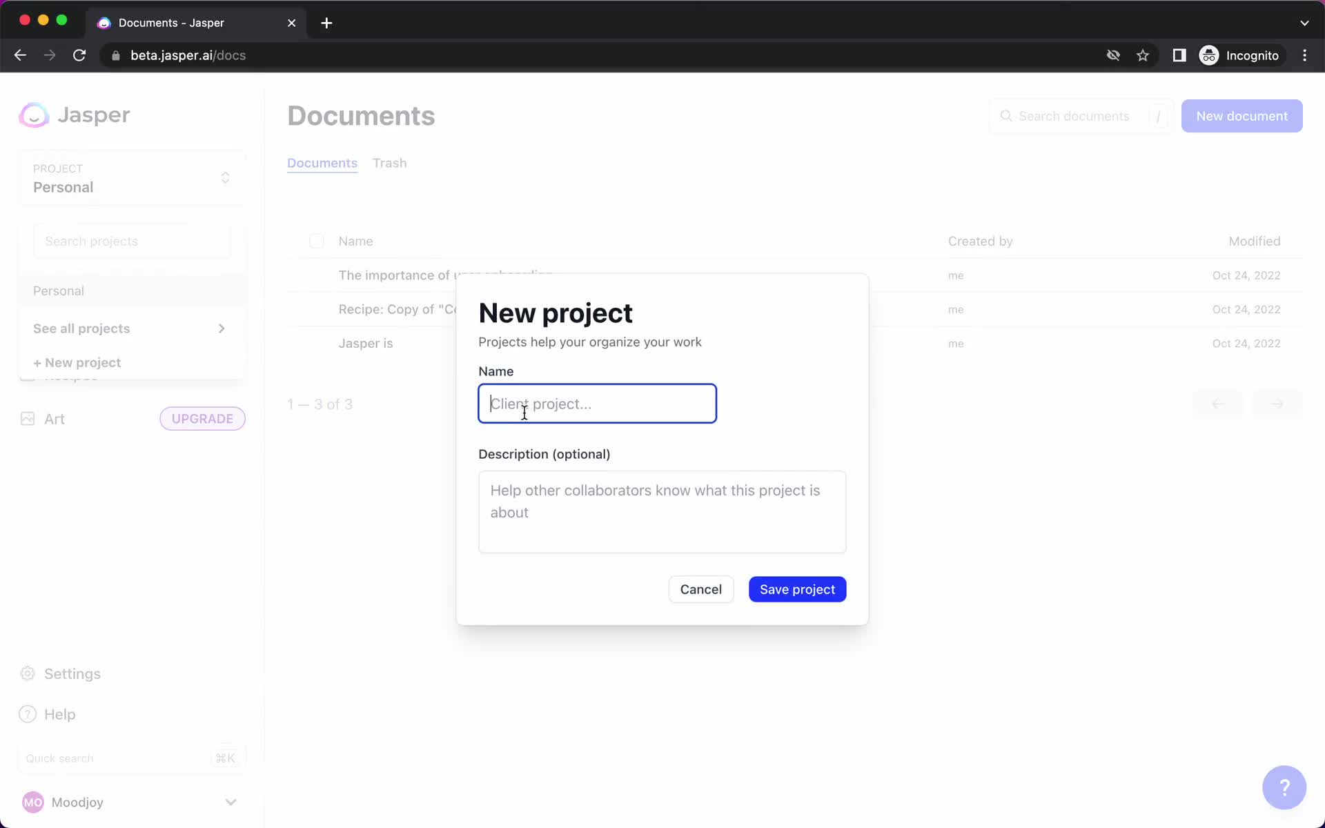 Jasper create project screenshot