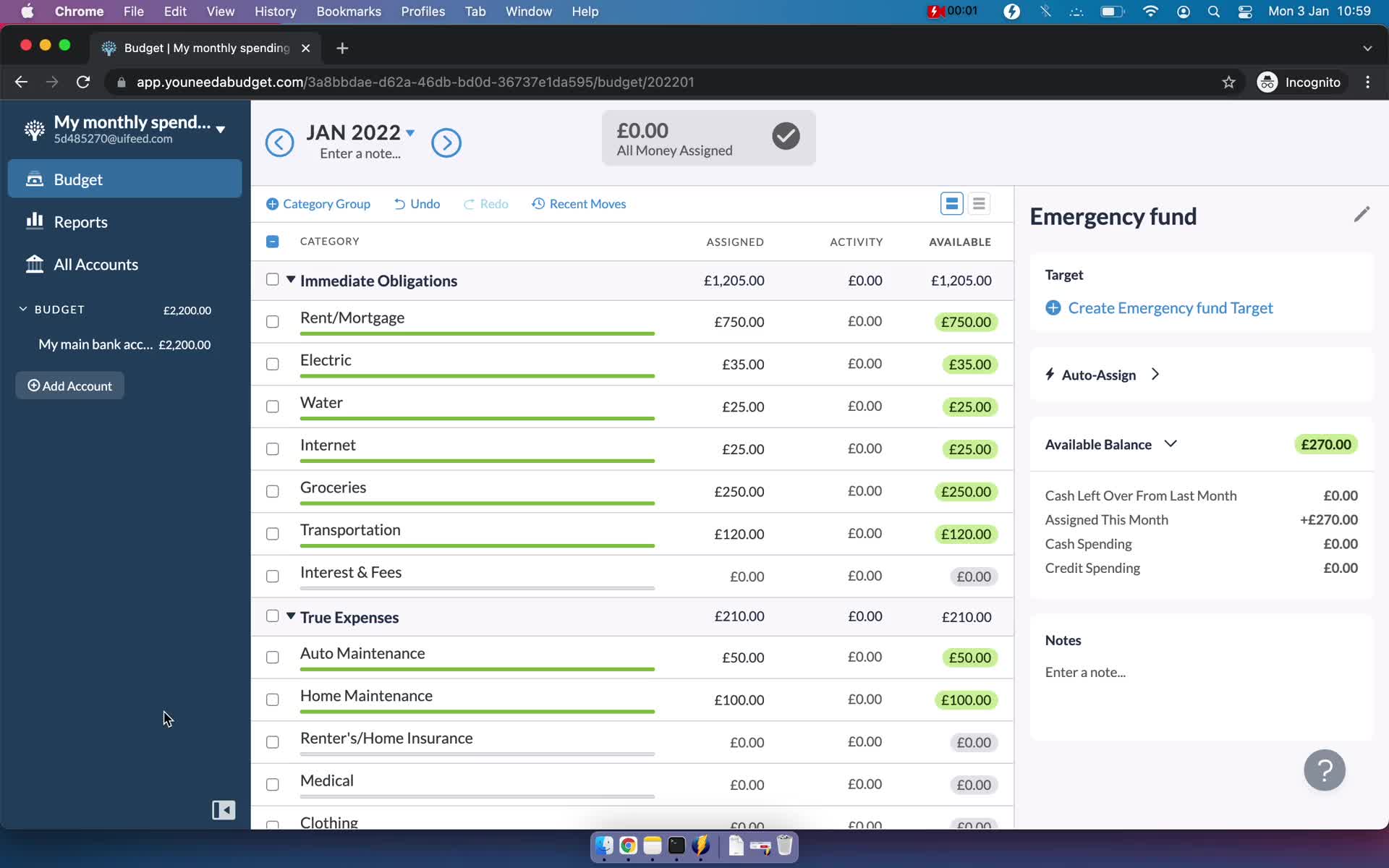 YNAB budget screenshot