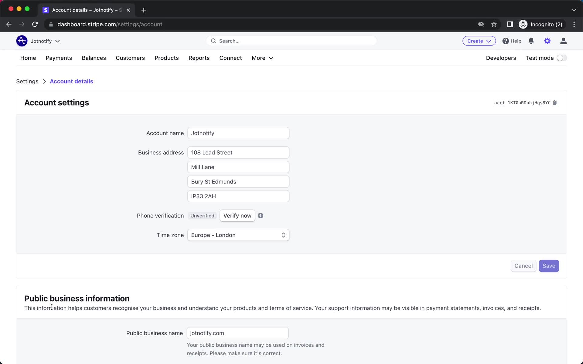 Stripe account settings screenshot