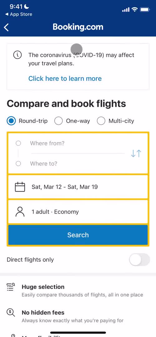 Booking.com search for flights screenshot