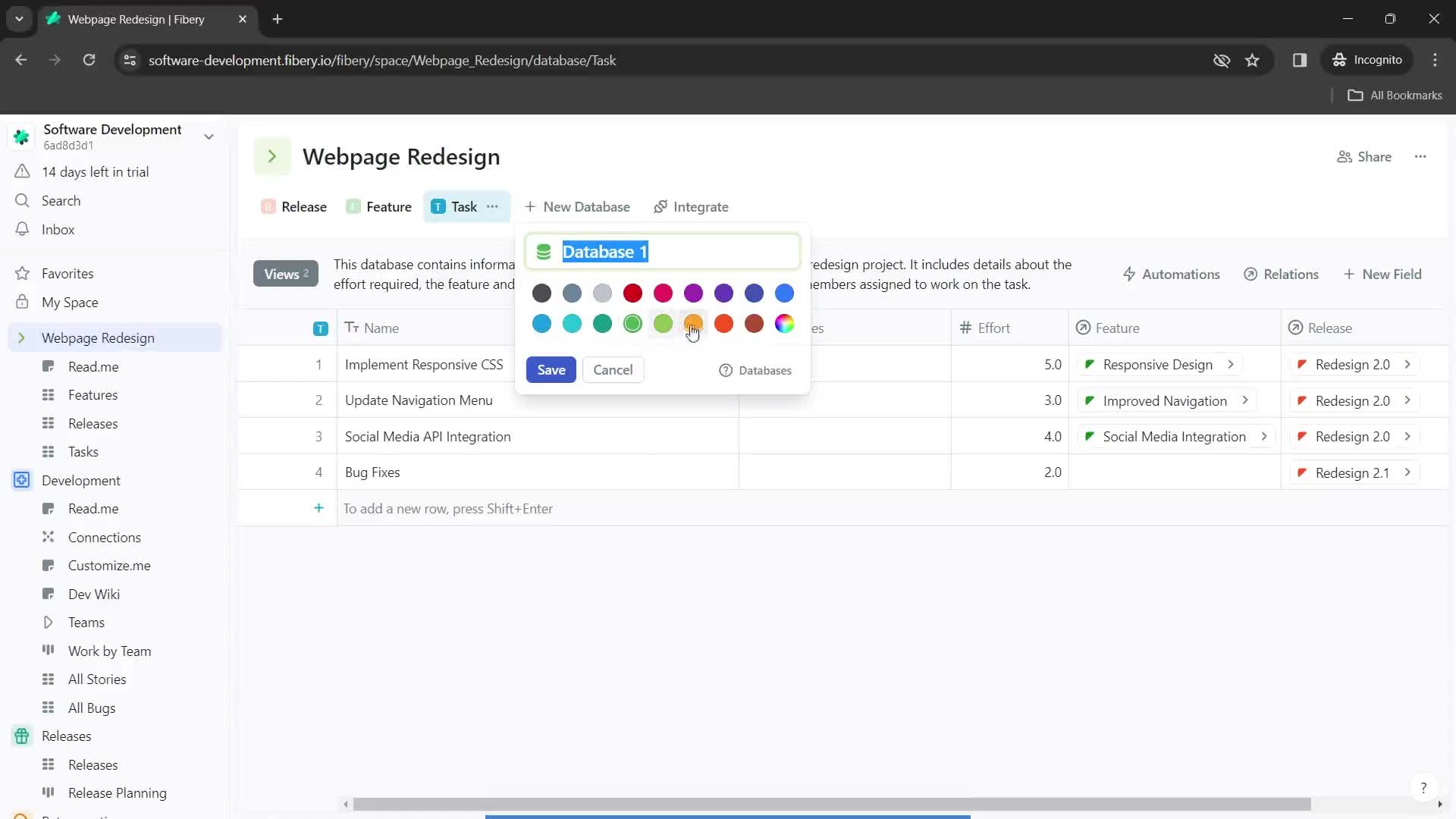 Fibery create database screenshot