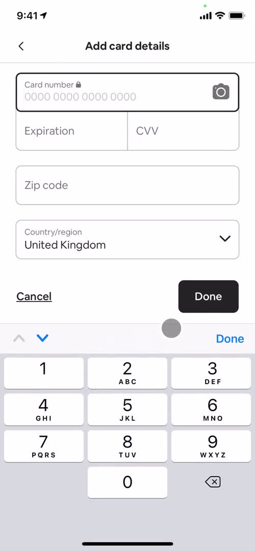 Airbnb add payment details screenshot