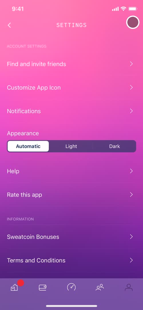 Sweatcoin settings screenshot