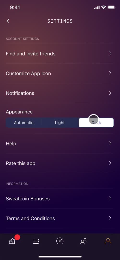Sweatcoin dark mode screenshot