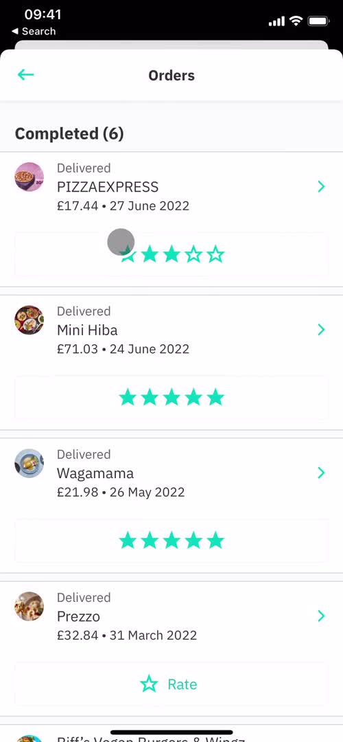 Deliveroo order history screenshot