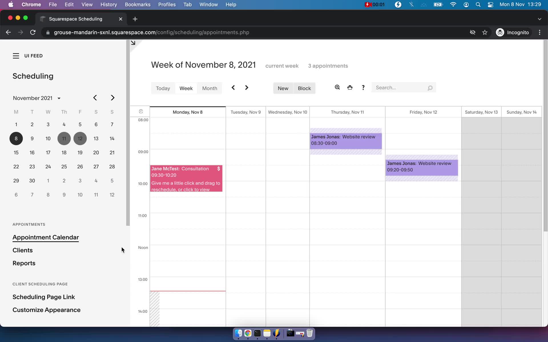 Squarespace Scheduling appointments screenshot