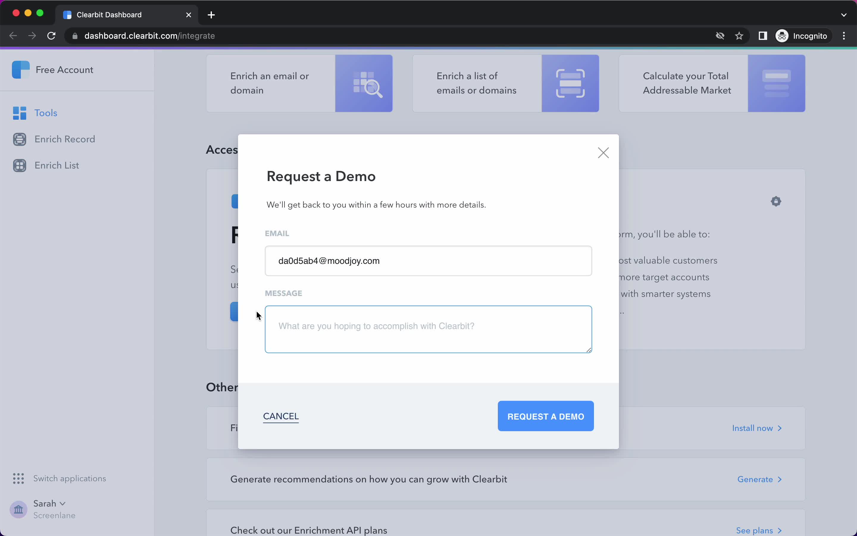 Clearbit request a demo screenshot