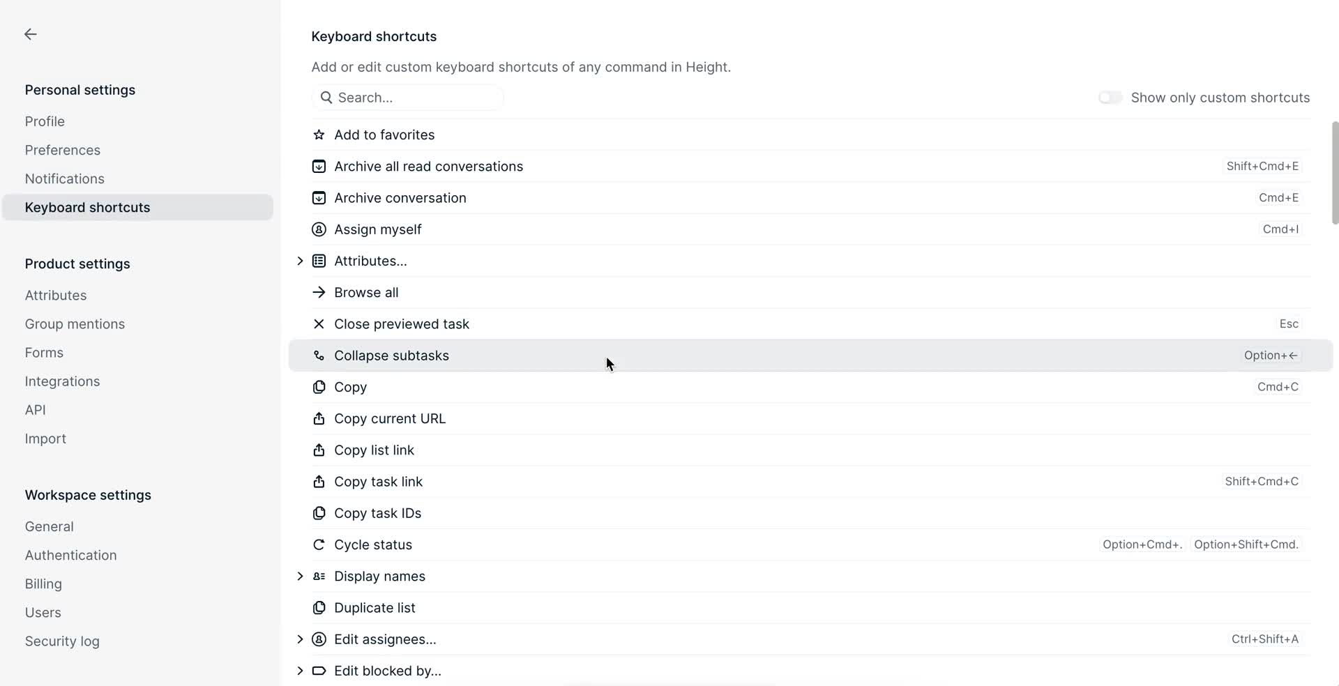 Height keyboard shortcuts screenshot