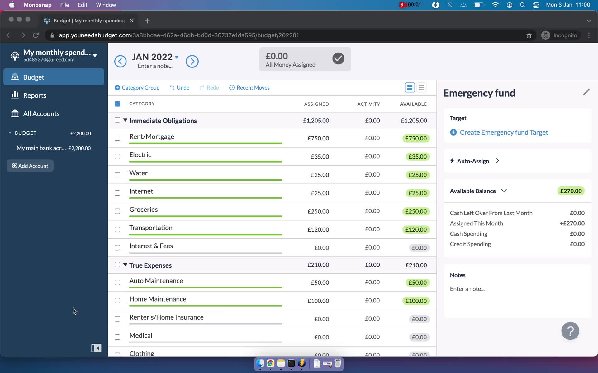 YNAB budget screenshot