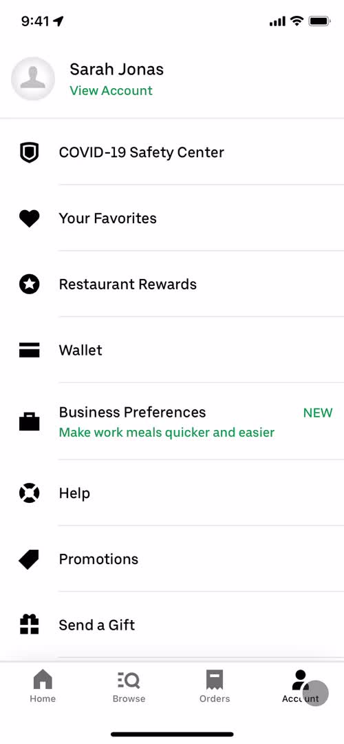 Uber Eats account screenshot