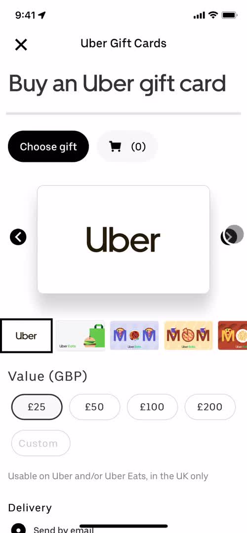 Uber Eats gift cards screenshot