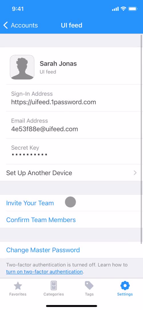 1Password team settings screenshot