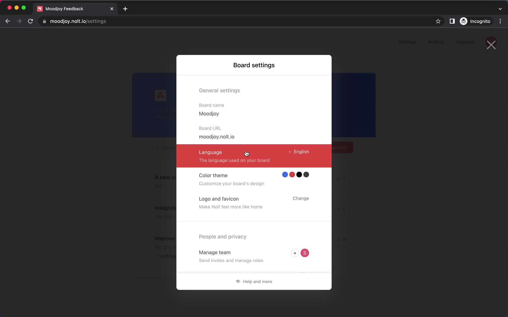 Nolt board settings screenshot