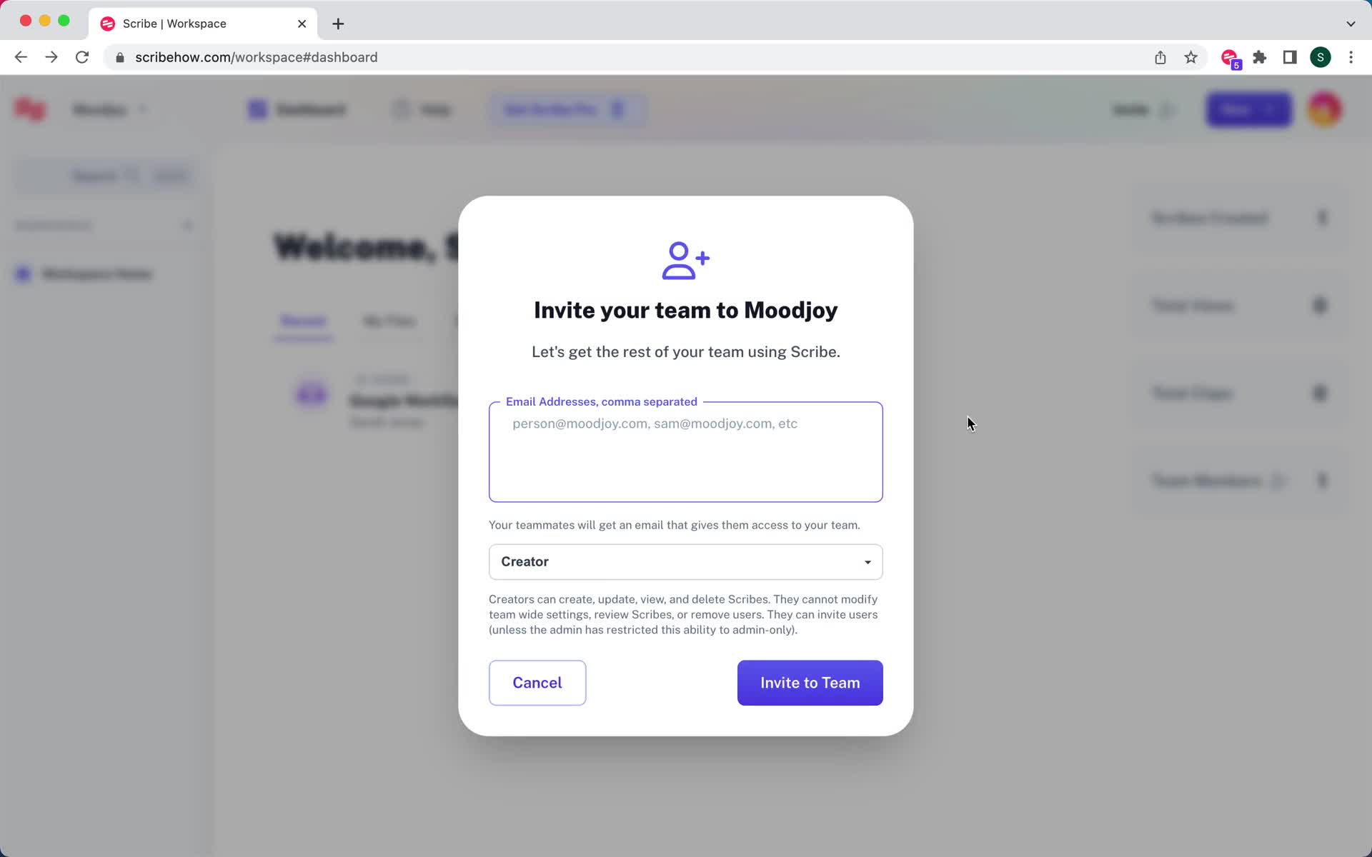Scribe invite team screenshot