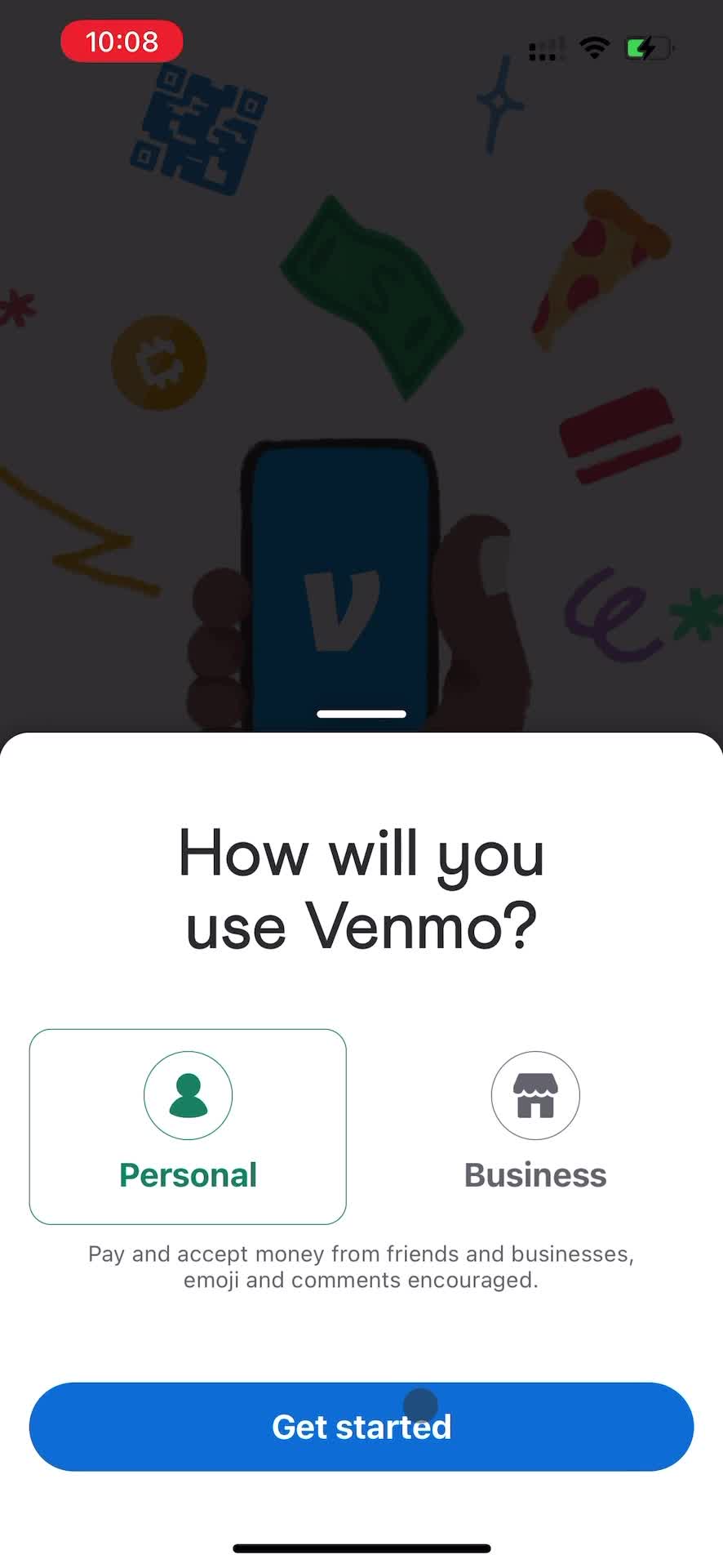 Venmo select account type screenshot