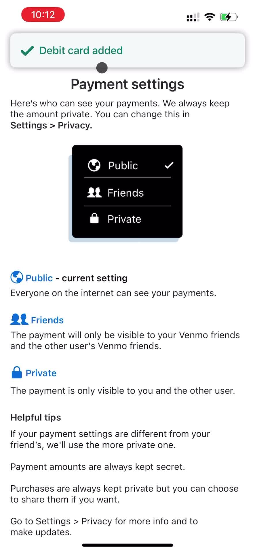 Venmo payment settings screenshot