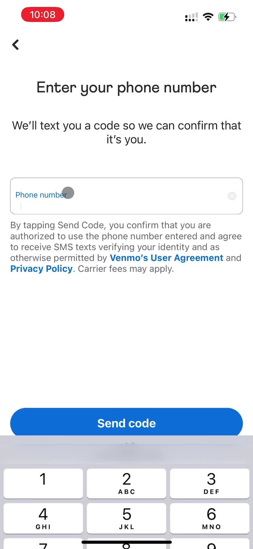 Venmo enter phone number screenshot