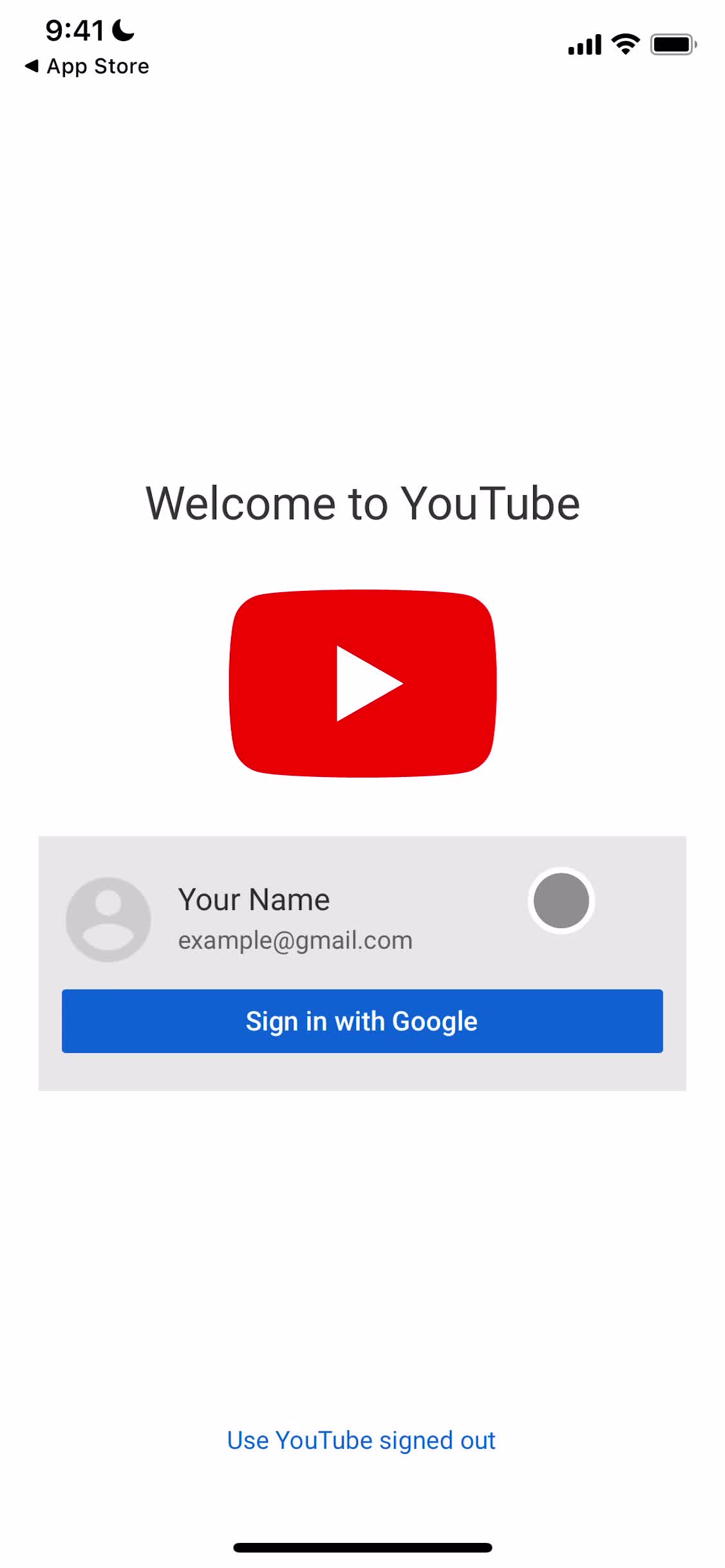 YouTube sign in screenshot