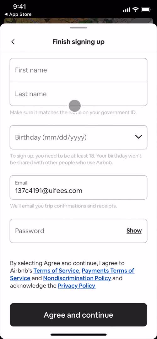 Airbnb complete sign up screenshot