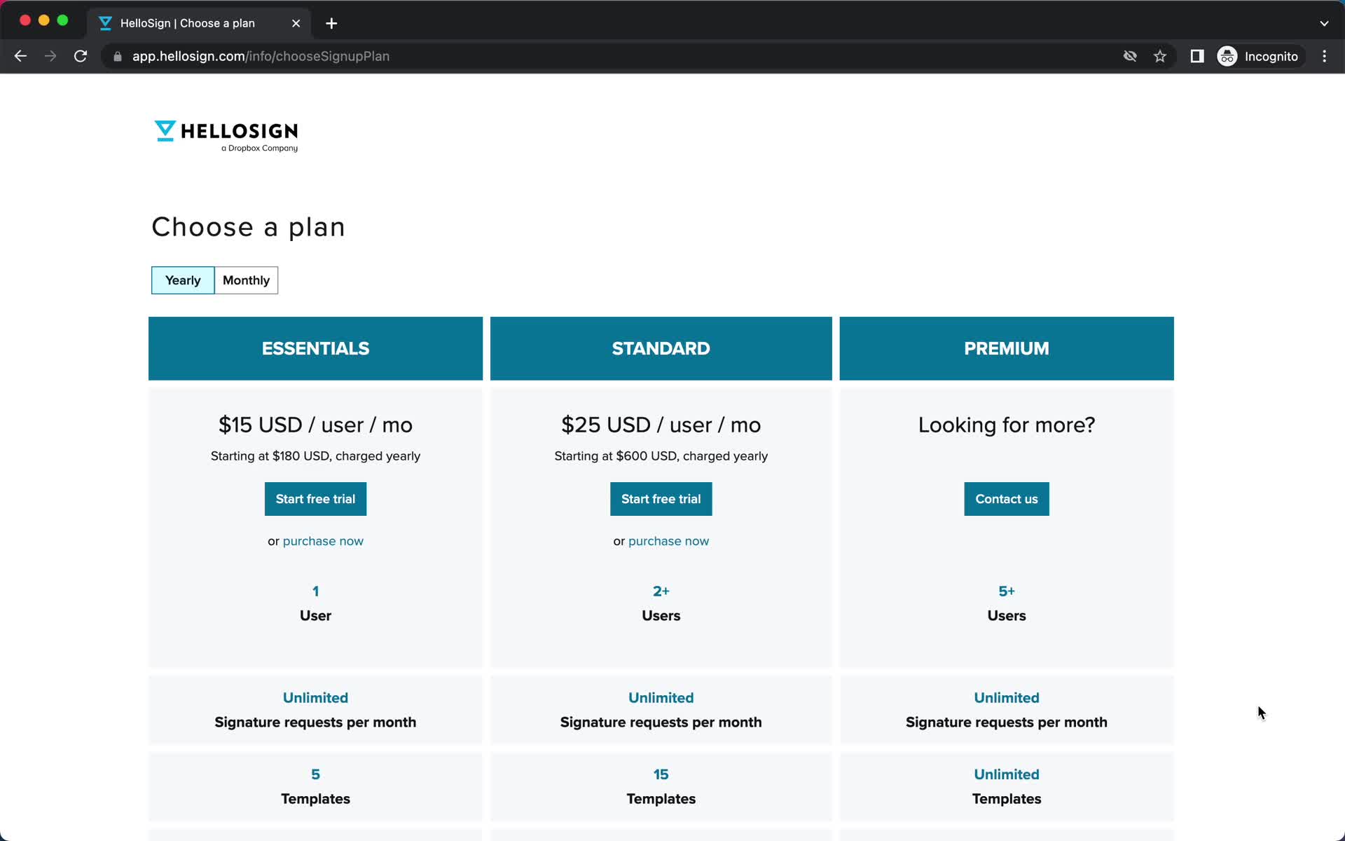 HelloSign select plan screenshot