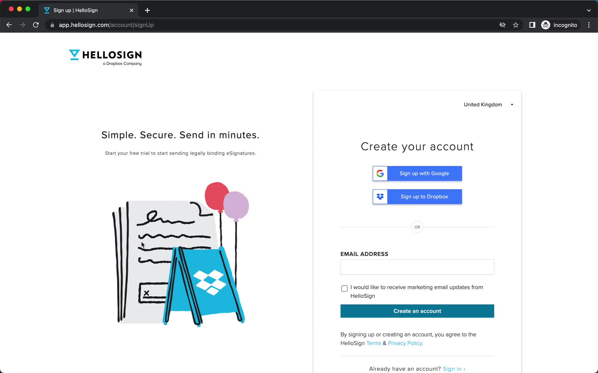 HelloSign sign up screenshot