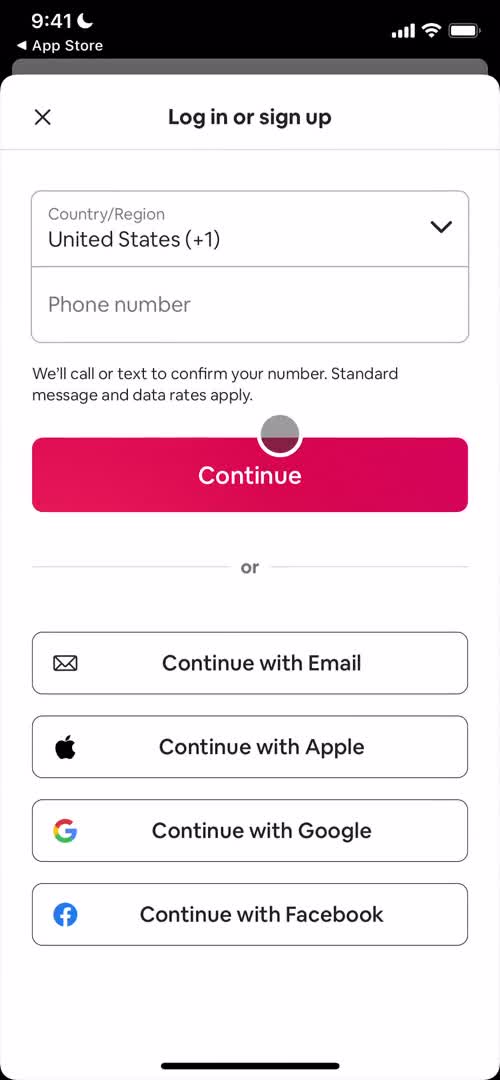 Airbnb sign up screenshot