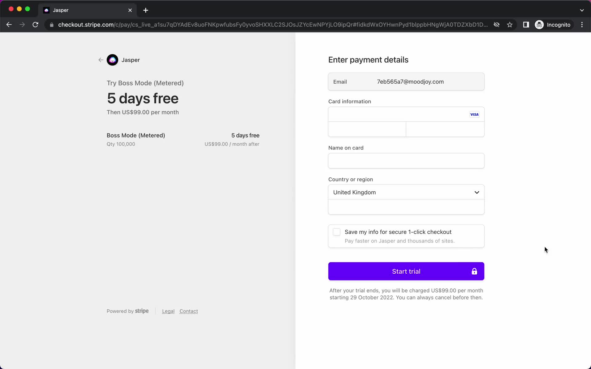 Jasper add payment details screenshot