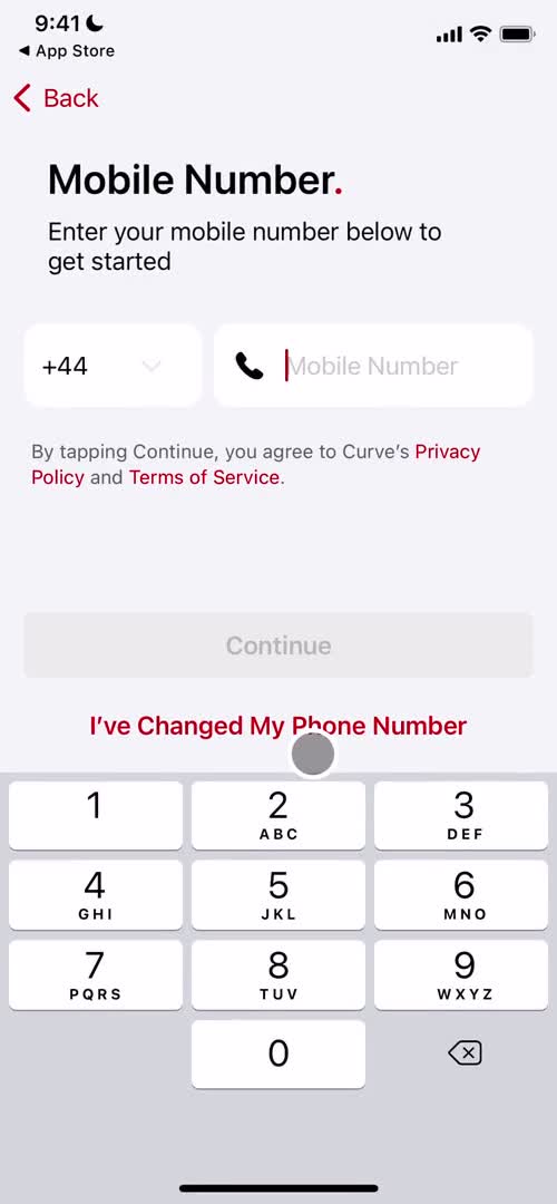 Curve enter phone number screenshot