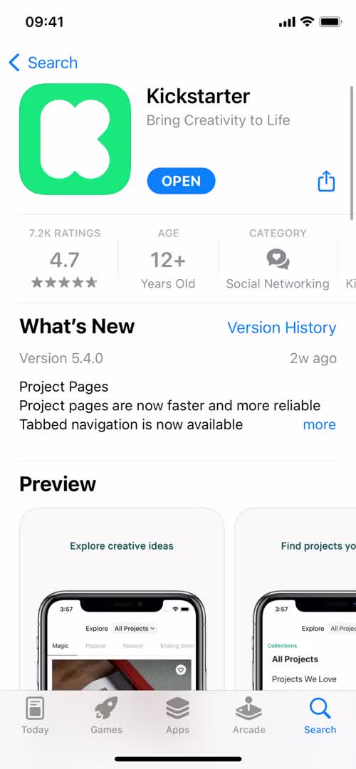 Kickstarter app store listing screenshot