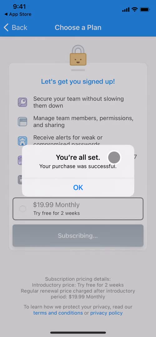 1Password purchase successful screenshot