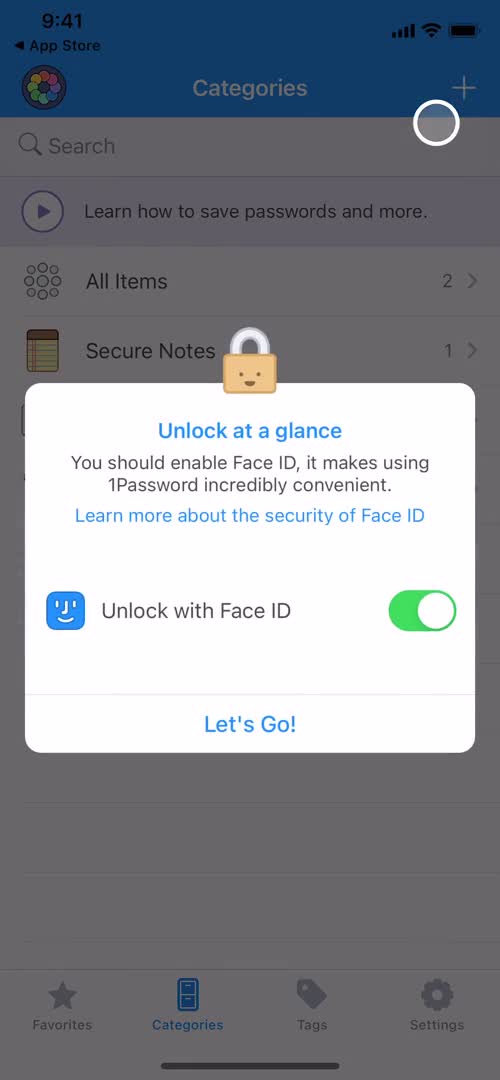 1Password enable face id screenshot