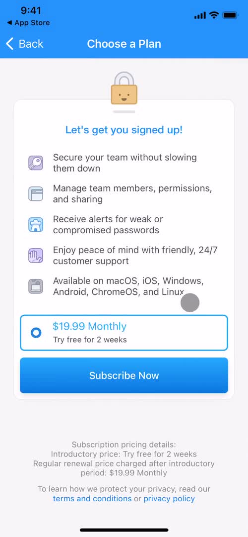 1Password start trial screenshot