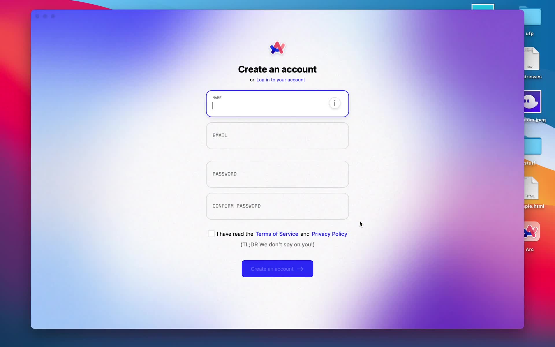 Arc sign up screenshot