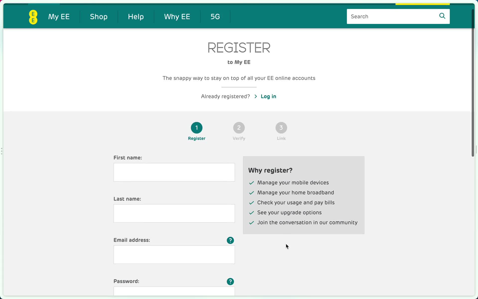 EE sign up screenshot