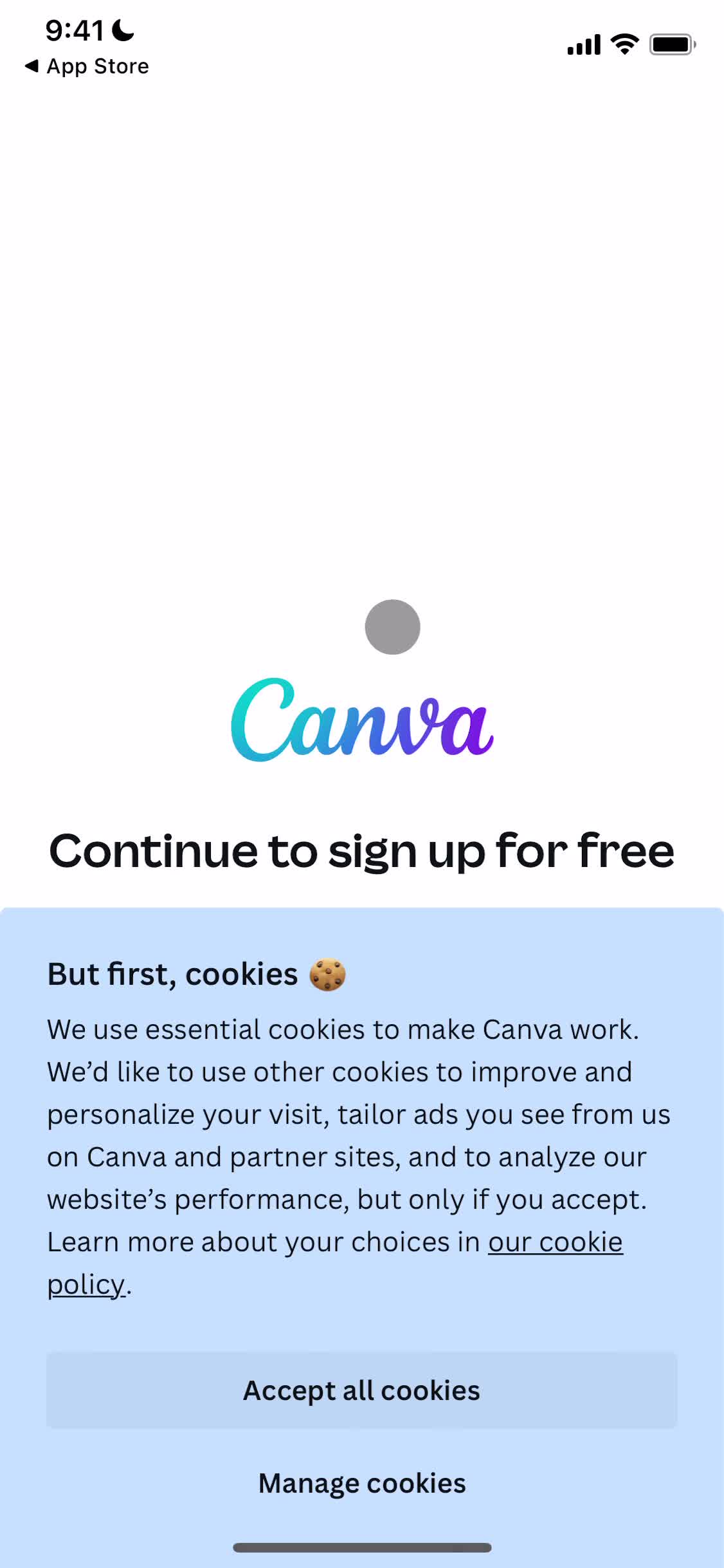 Canva accept cookie policy screenshot