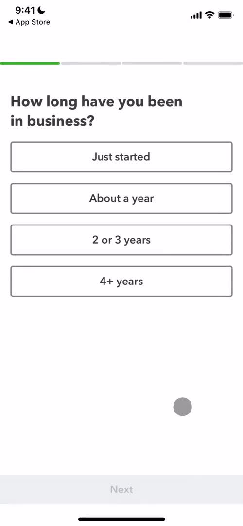 QuickBooks onboarding question screenshot