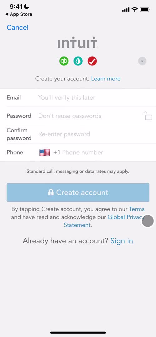 QuickBooks sign up screenshot
