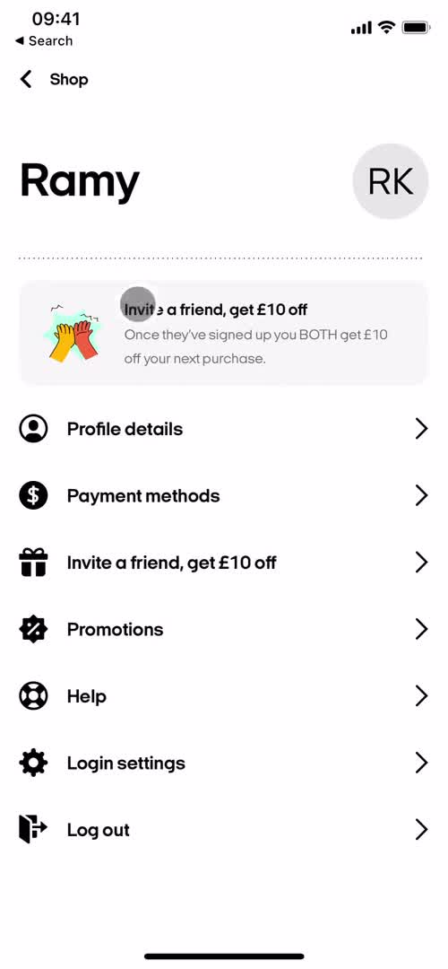 Clearpay account menu screenshot