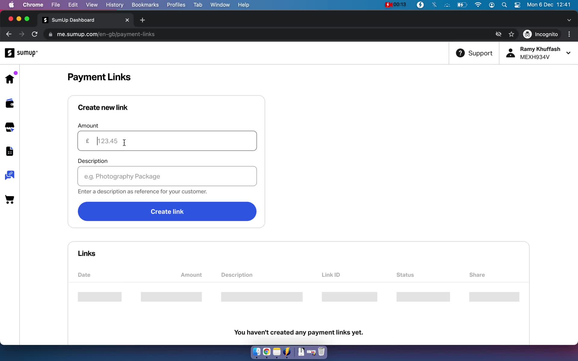 SumUp create payment link screenshot