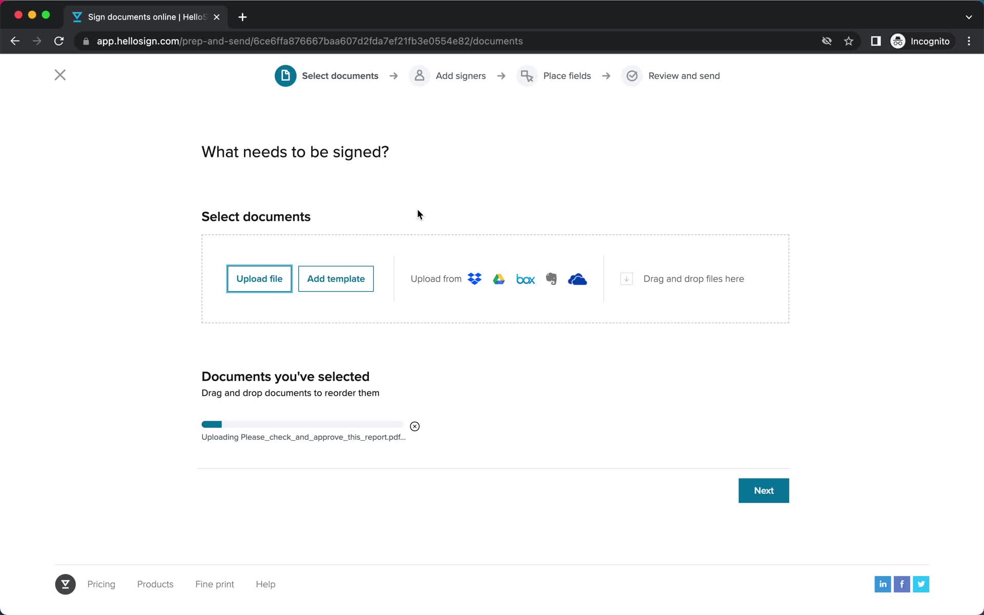 HelloSign uploading screenshot